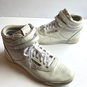 Reebok Freestyle Hi Sneakers VTG Women Size 5 Retro White Silver High Top Straps